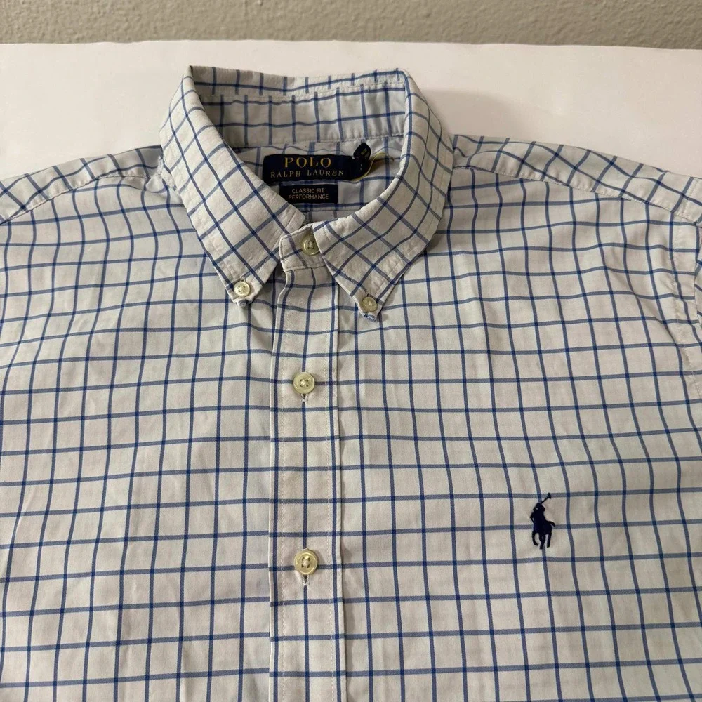Polo Ralph Lauren Mens Large Classic Fit Performance Shirt Blue White Check